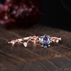 Oval cut Alexandrite engagement ring set Rose gold twig twisted stacking matching band unique art deco moissanite bridal promise ring set