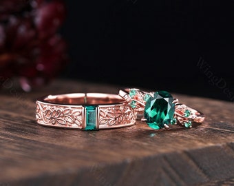 Ensemble de bagues pour couple émeraude : style vintage en or rose, argent sterling