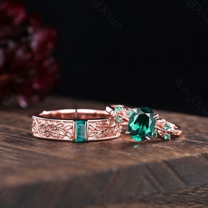 Nature Inspired Green Emerald Couples Ring Set Rose Gold Vintage Baguette Emerald Mens Wedding Band Unique His and Hers Promise Ring