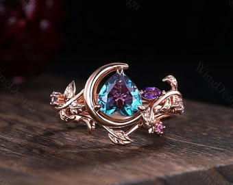 Vintage heart shaped Alexandrite engagement ring set unique crescent moon ring art deco amethyst ring for women leaf branch bridal ring set