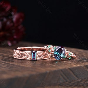 Nature Inspired Alexandrite Couples Ring Set Rose Gold Vintage Baguette Alexandrite Mens Wedding Band Unique His and Hers Promise Ring