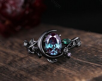 Oval cut Alexandrite engagement ring set unique Moon style emerald cluster ring gothic black gold rings for women leaf branch rings