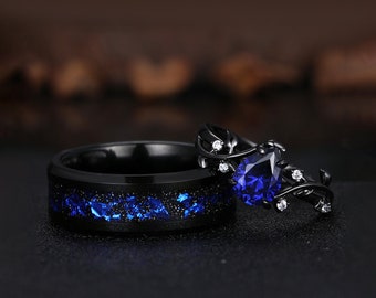 Blue Sapphire Art Deco Couple Ring Set, Black Gold Leaf Branch Wedding Band
