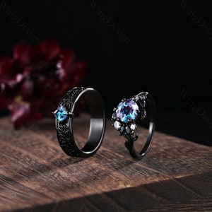 Branch and leaves engagement ring with alexandrite unique black gold couples ring set Unusual ring for Men for Women bridal promise ring