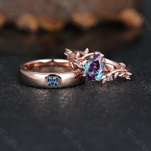 Vintage Alexandrite engagement ring set rose gold His and Her ring nature inspired alexandrite couples ring set Mens wedding band bridal set