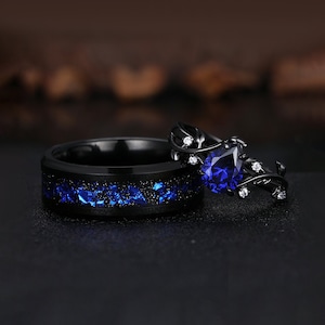 Pear blue sapphire couple ring set black gold His and Her wedding band Vintage art deco wedding ring set for Men and Women leaf branch ring