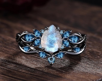 Vintage Labradorite Engagement Ring Set 14K Black Gold Unique London Blue Topaz Stacking Wedding Rings Bridal Promise Ring Anniversary Gift
