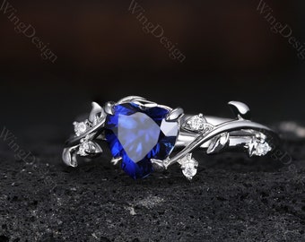 Romantic heart shaped blue sapphire engagement ring women sterling silver ring unique art deco leaf ring nature branch ring promise gift