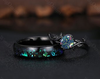 Orion Nebula Ring Set, Black Opal Engagement Ring Set, Black Gold His and Her Wedding Band, Mens Tungsten Ring, Nature Inspired Bridal Set