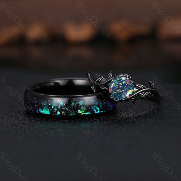 Orion Nebula Ring Set, Black Opal Engagement Ring Set, Black Gold His and Her Wedding Band, Mens Tungsten Ring, Nature Inspired Bridal Set