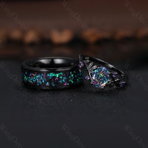 Schwarz Opal Galaxy Ehering Set, Sterling Silber Amethyst Versprechen Ringe