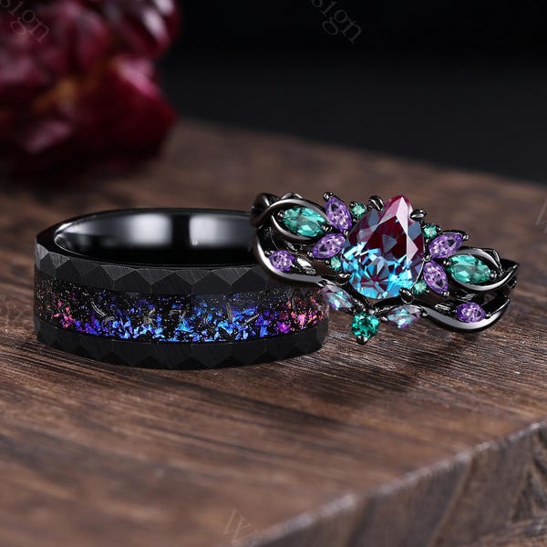3PCS Alexandrite Couples Ring Set His&Her Matching Wedding Band Amethyst and Emerald Engagement Ring Mens Tungsten Ring Bridal Rings Custom
