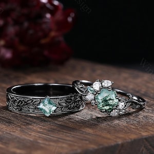 Unique Cluster Moss Agate Couples Ring Set 14K Black Gold His and Hers Matching Wedding Band Vintage Nature Inspired Ring Mens Promise Ring