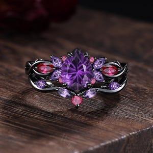 Gothic Firework Amethyst Engagement Ring Set 14K Black Gold Unique Ruby&Amethyst Stacking Wedding Rings Bridal Promise Ring Anniversary Gift