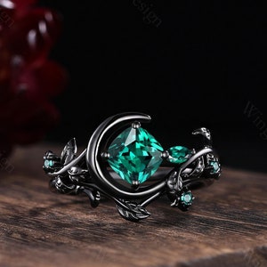 Halbmond Ring Vintage Smaragd Verlobungsring Set Gothic Schwarz Gold Hochzeitsband Art Deco Blatt Smaragd Ring Frauen Braut Versprechen Geschenk