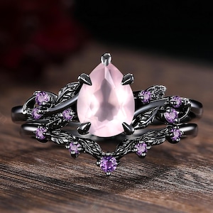 Unique Pear Rose Quartz Engagement Ring Set Leaf Design Amethyst Cluster Ring Gothic Black Gold Stacking Wedding Rings Women Bridal Ring Set