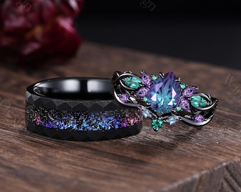 3PCS Fireworks Alexandrite Couple Ring Set His&Her Matching Wedding Band Amethyst and Emerald Engagement Ring Mens Tungsten Ring Bridal Ring