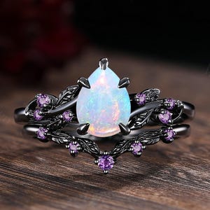 Unique Pear Opal Engagement Ring Set Leaf Design Fire Opal Cluster Ring Gothic Black Gold Stacking Wedding Rings Women Bridal Gift Custom