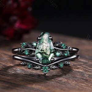 Unique Coffin Moss Agate Engagement Ring Set Vine Leaf Emerald Cluster Ring Black Gold Wedding Ring Set For Women Branch Rings Bridal Ring