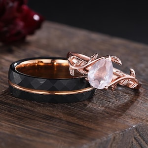 Couples Ring Set Rose Quartz Engagement Ring Rose Gold His&Her Wedding Band Twig Leaf Rose Quartz Ring For Women Bridal Promise Ring Gift