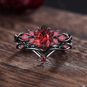 Unique Firework Cut Garnet Engagement Ring Set Leaf Design Garnet Cluster Ring Gothic Black Gold Stacking Wedding Rings Women Bridal Gifts