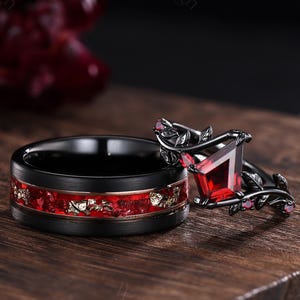 Kite Garnet Couple Ring His&Her Matching Wedding Band Garnet And Garnet Couple Ring Tungsten Ring Leaf Design Bridal Ring Stacking Rings