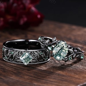 2pcs Unique Moss Agate Couple Ring Set Black Gold His&Her Matching Wedding Ring Set Bridal Promise Band Engagement Ring Anniversary Gift