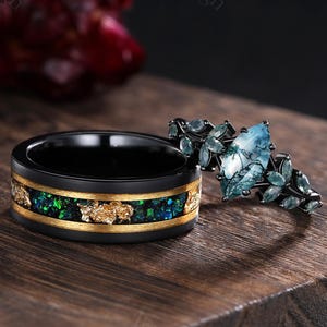 Moss agate couple ring set his&her matching wedding band gothic moss agate engagement ring men's tungsten ring for women bridal ring set