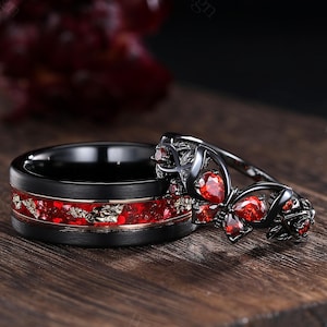 Garnet Couple Ring Set Garnet Engagement Ring Black Gold His&Her Garnet Wedding Band Men&#39;s Tungsten Ring Unique Nature Butterfly Design Ring