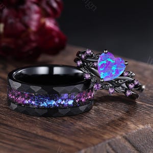3PCS Lavender Purple Opal Couple Rings His&Her Matching Wedding Band Fire Opal Engagement Ring Men&#39;s Tungsten Ring Amethyst Stacking Rings