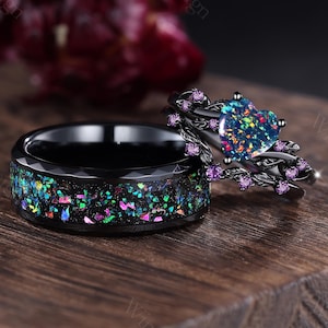 3PCS Black Fire Opal Couple Rings His&Her Matching Wedding Band Fire Opal Engagement Ring Mens Tungsten Ring Amethyst Stacking Bridal Rings