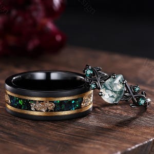 Pear Moss Agate Couples Ring Set Black Gold His&Her Wedding Band Men's Tungsten Ring Leaf Design Emerald Ring Bridal Promise Ring Custom