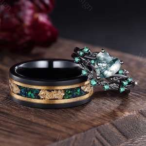3PCS Moss Agate Couple Rings His&Her Matching Wedding Band Retro Emerald Bridal Engagement Ring Mens Tungsten Ring Anniversary Gifts for Her