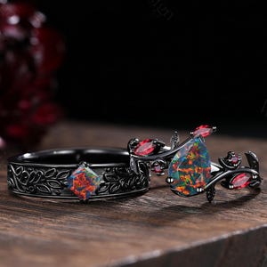 Fire Opal Couple Ring, 14K Black Gold Twig Vine Bridal Set