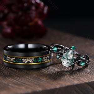 Moss agate couple ring his&her matching wedding band pear moss agate engagement ring set twig leaf emerald ring for women bridal ring custom