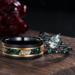 3PCS Moss Agate Couples Ring Set Moss Agate Engagement Ring Black Gold His&Her Matching Wedding Band Mens Tungsten Ring Emerald Bridal Ring
