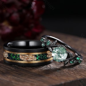 Unique Moss Agate Engagement Ring Gothic Black Gold His&Her Moss Agate Matching Wedding Band Leaf Design Stacking Rings Men's Tungsten Ring