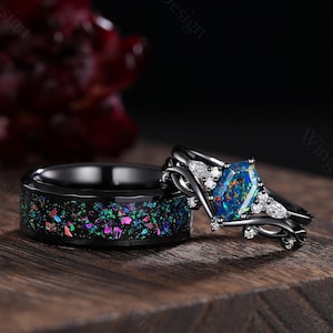 Unique 3PCS Black Opal Engagement Ring Gothic Fire Opal Couples Ring Set Black Gold His and Her Matching Wedding Band Mens Meteorite Ring