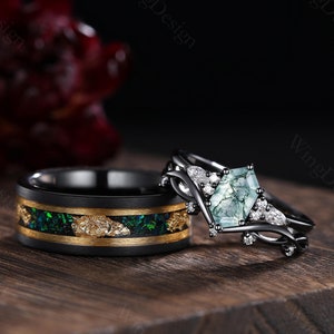 Unique 3PCS Moss Agate Engagement Ring Gothic Black Gold His&Her Moss Agate Matching Wedding Band Men's Tungsten Ring Moissanite Ring Set