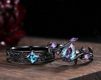 Alexandrite Couple Rings Set, Gothic Black Gold Crescent Moon Wedding Band