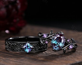 Vintage Alexandrite Couples Ring Set, Gothic Black Gold Wedding Bands