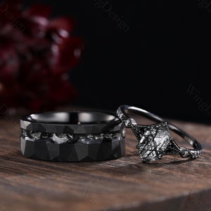Bague pour couple en quartz rutilé noir, alliance gothique en or noir pour lui et elle, bague de mariée vintage en tungstène pour homme, bague en pierres précieuses noires