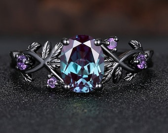 Vintage oval alexandrite engagement ring black gold ring Art deco twig leaf amethyst ring Nature inspired ring unique bridal promise ring