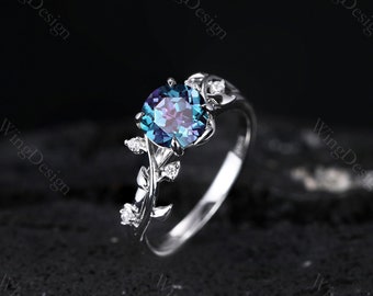 Alexandrite Sterling Silver Ring: Vine Leaf Moissanite Bridal Ring
