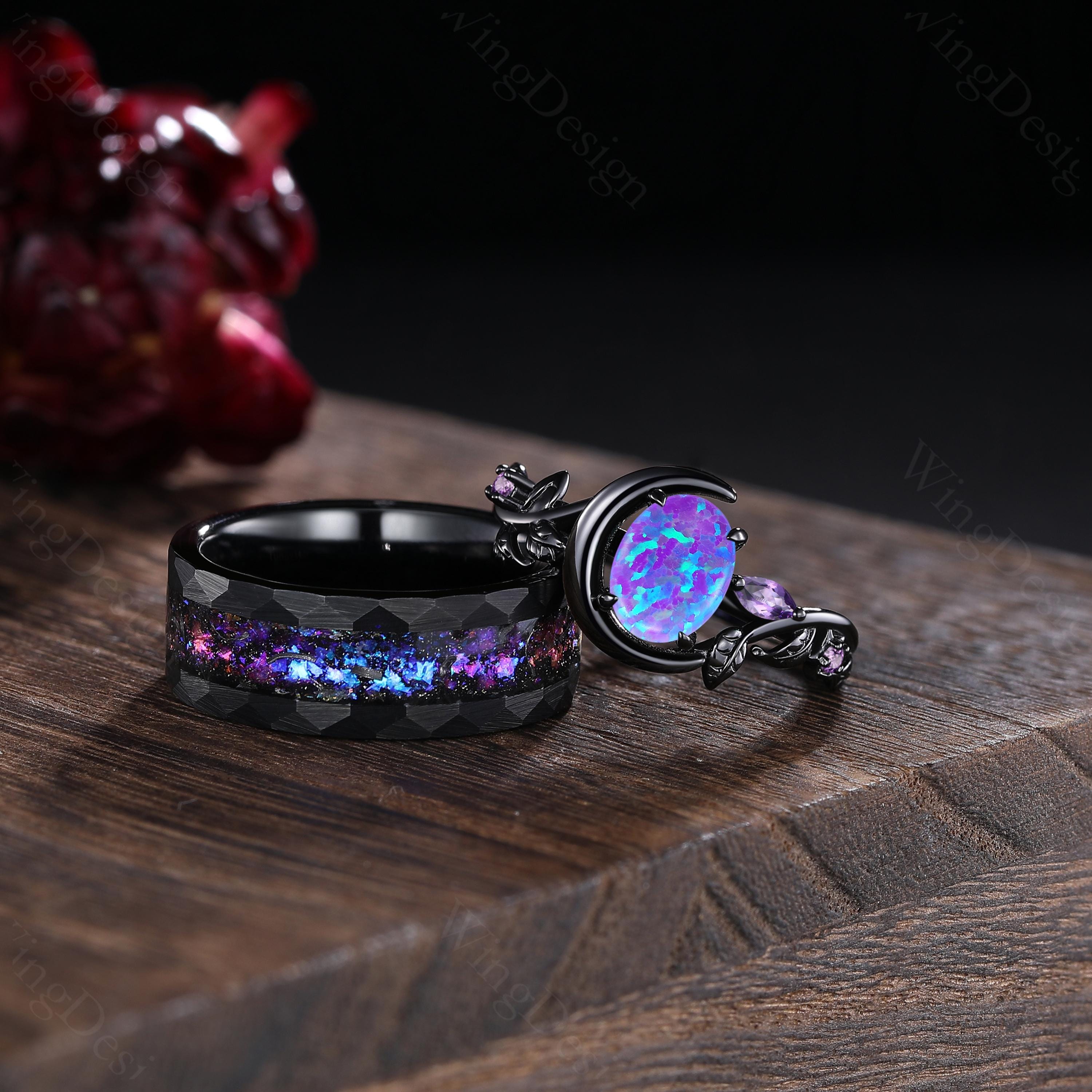 Gothic Lavender Opal Couple Ring Set, Fire Opal Tungsten Wedding