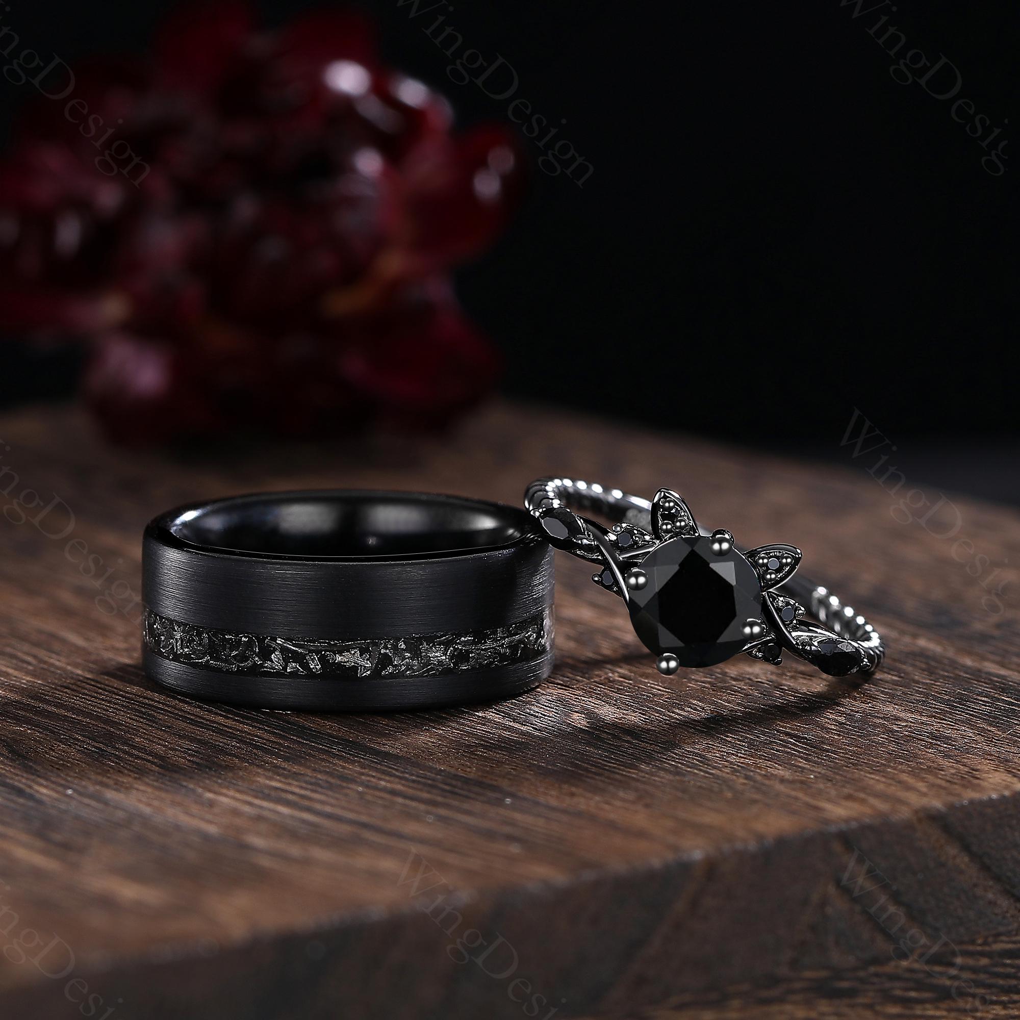 Black Onyx Sterling Silver Engagement Ring Set, Tungsten Wedding