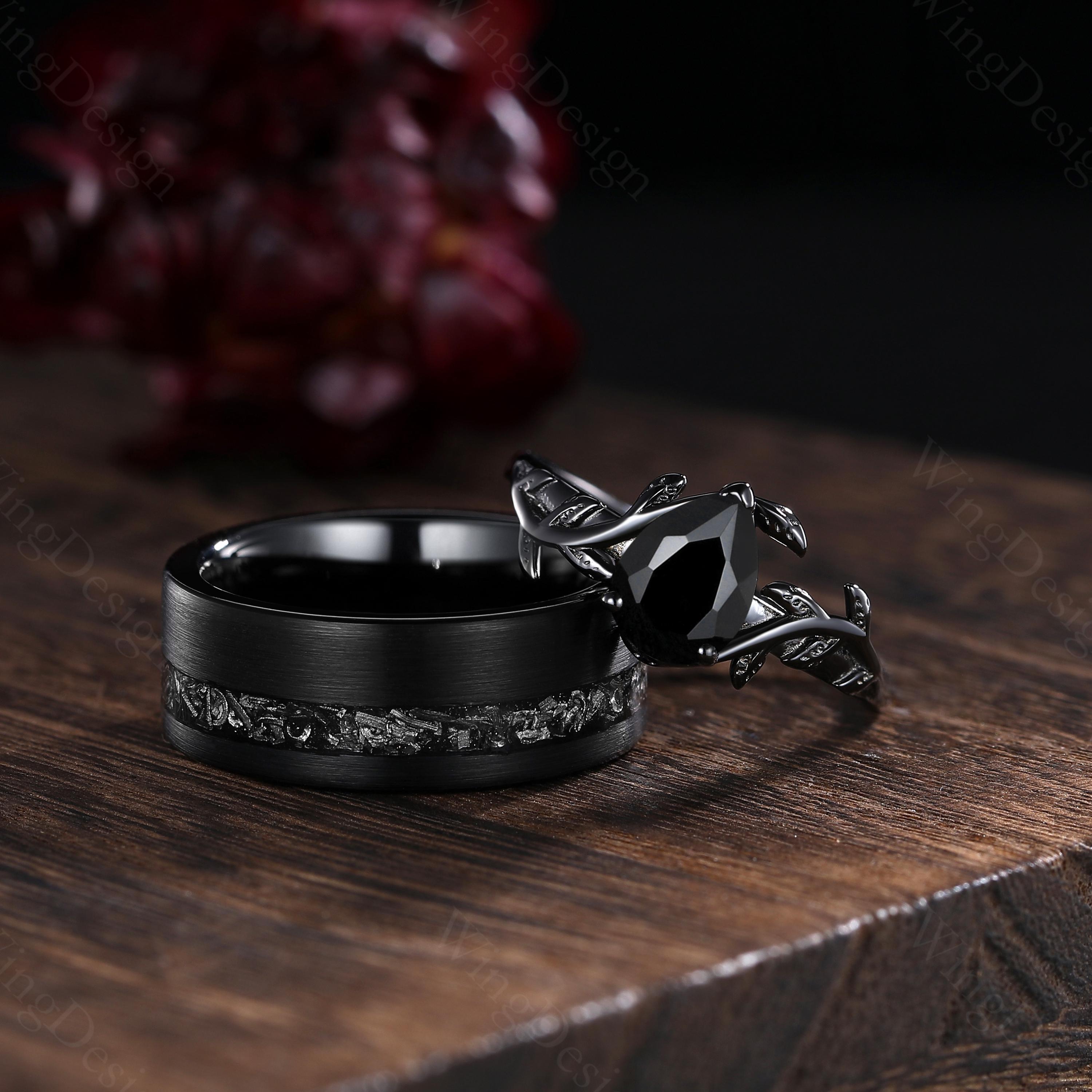 Pear Black Onyx & Tungsten Couple Ring Set: Gothic Leaf Design
