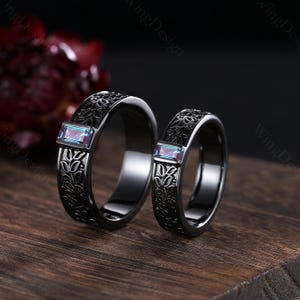 Square Cut Alexandrite Couple Ring Set Gothic Black Gold His and Hers Matching Wedding Band Nature Inspired Ring Bridal Promise Ring Custom