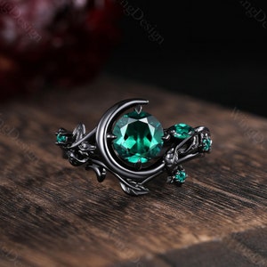 Vintage Smaragd Verlobungsring Set einzigartige Mondsichel Smaragdcluster Ring Gothic Schwarz Gold Ring für Frauen Blatt Zweig Brautring