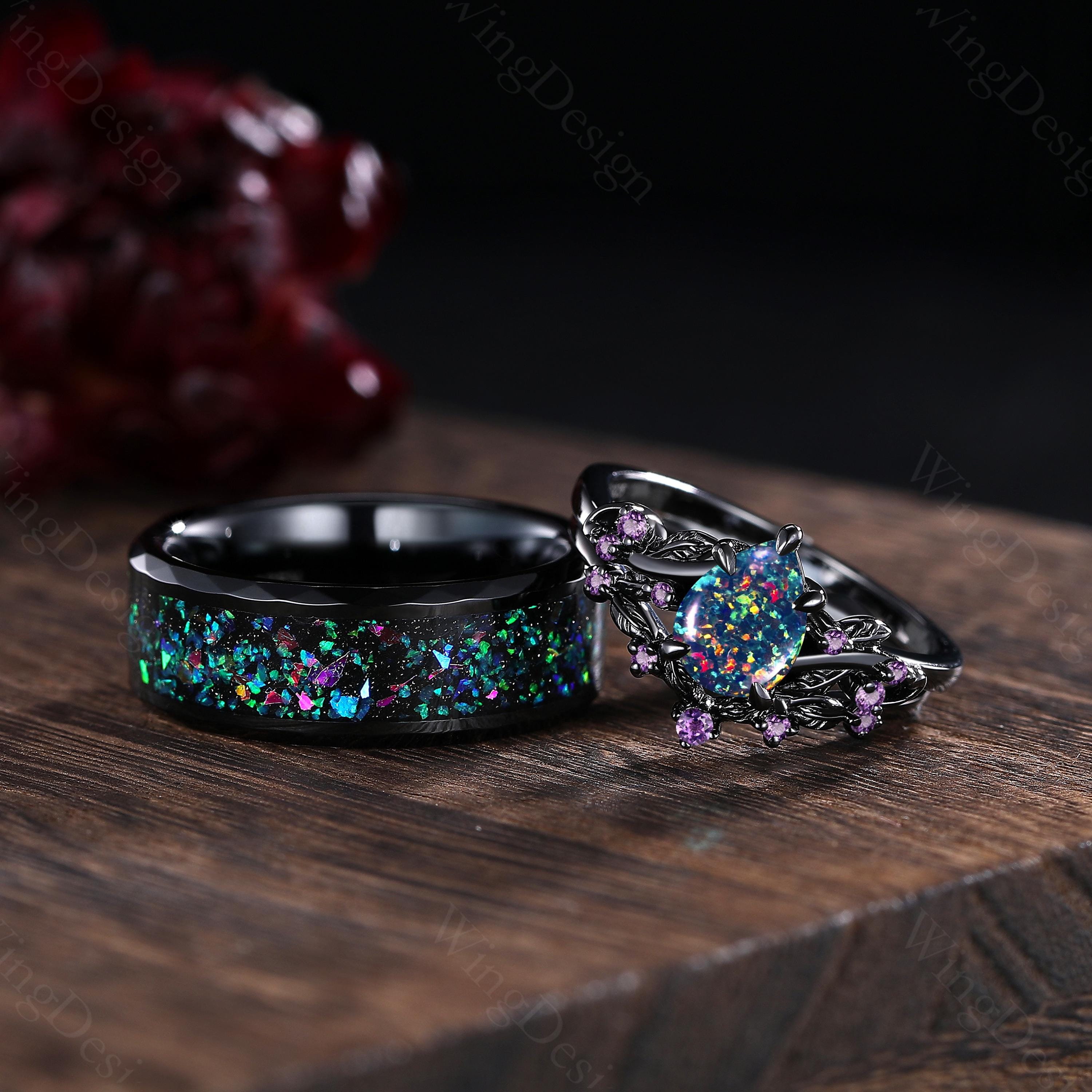 3PCS Black Fire Opal Couples Ring Set His&Her Matching Wedding Band Opal Engagement Ring Black Gold Mens Tungsten Ring Amethyst Bridal Ring